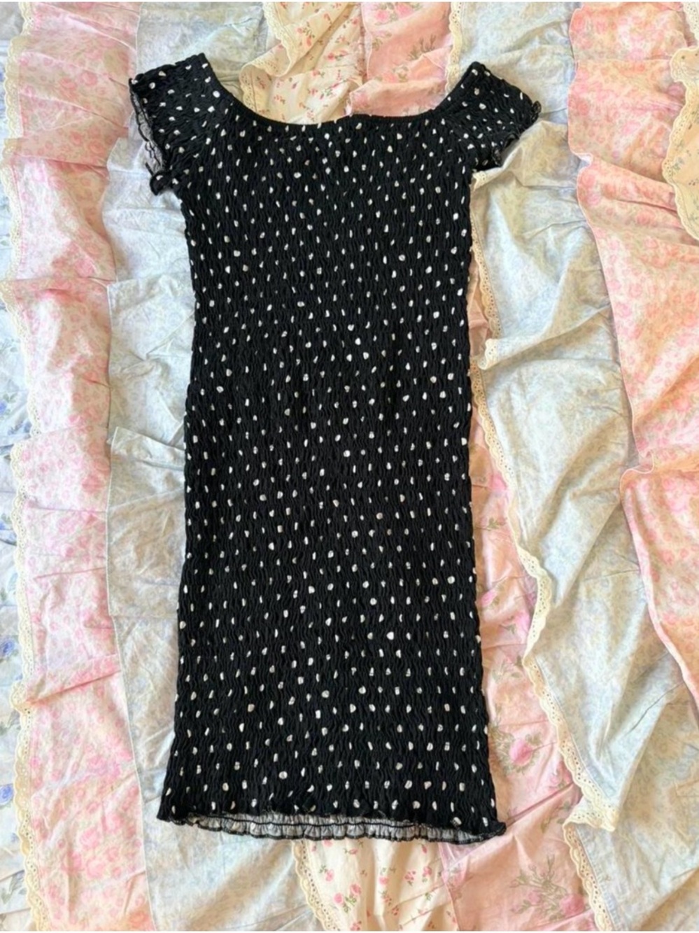 Topshop Black Smocked Polka Dot Knit Dress